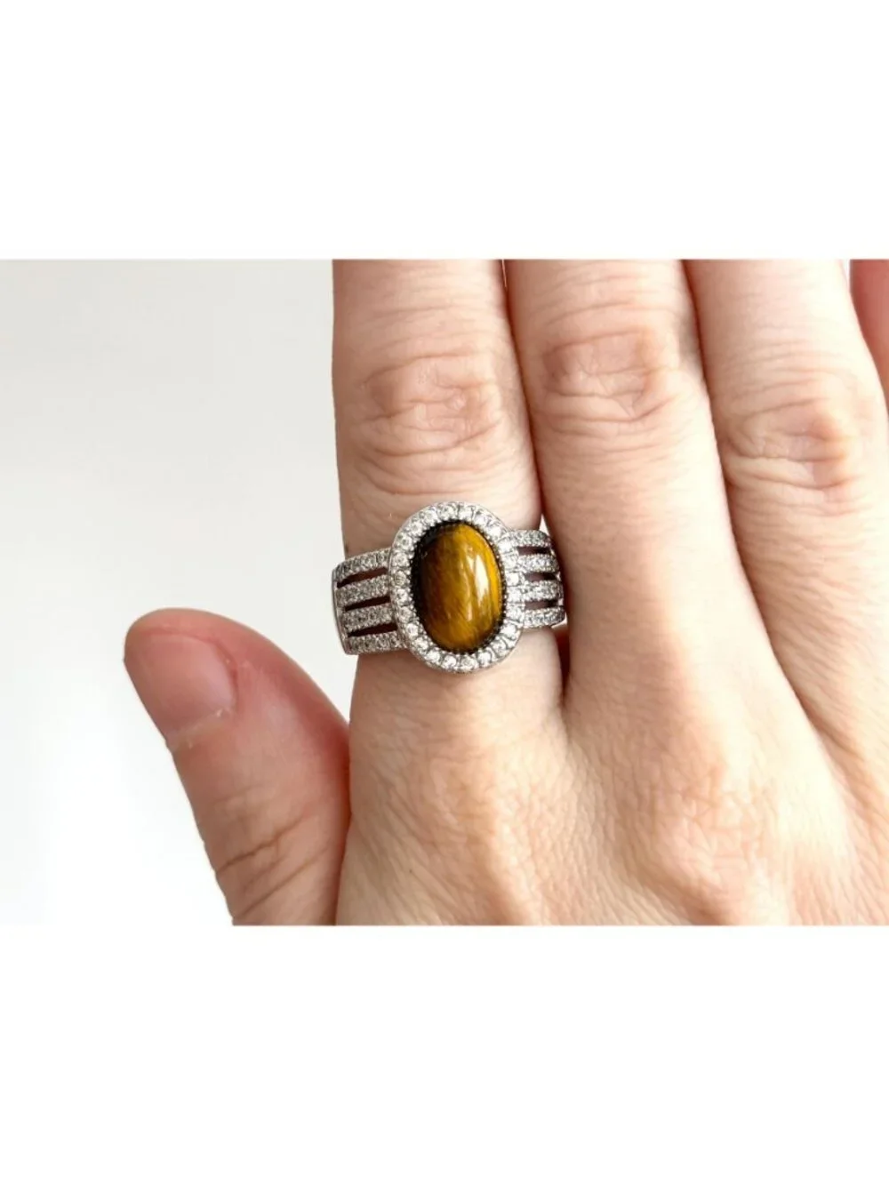 Genuine Tiger's Eye Gemstone Open Shank Sterling Silver 925 Vintage Ring - sz 8